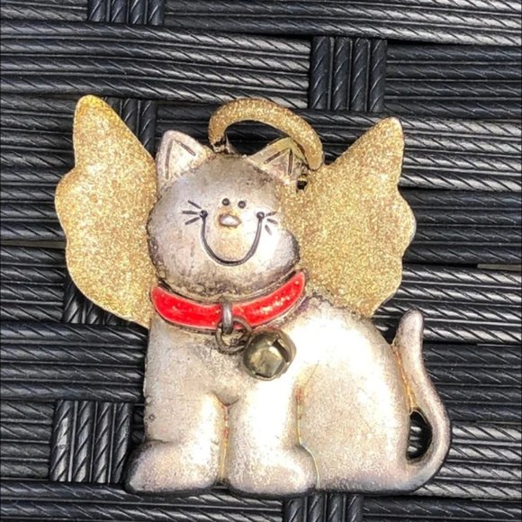 Vintage AJMC Kitty Cat Angel Pin Halo Wings Bell Red Gold Silver 2"… - Picture 1 of 2